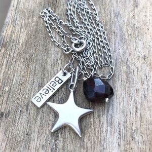 STERLING SILVER & Garnet "Believe" Charm Necklace